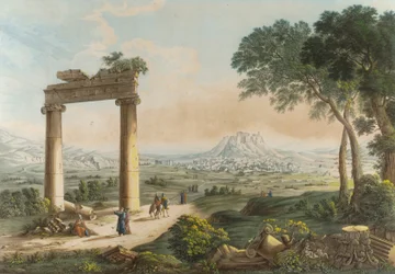 Uitzicht op Athene met het aquaduct van Hadrianus